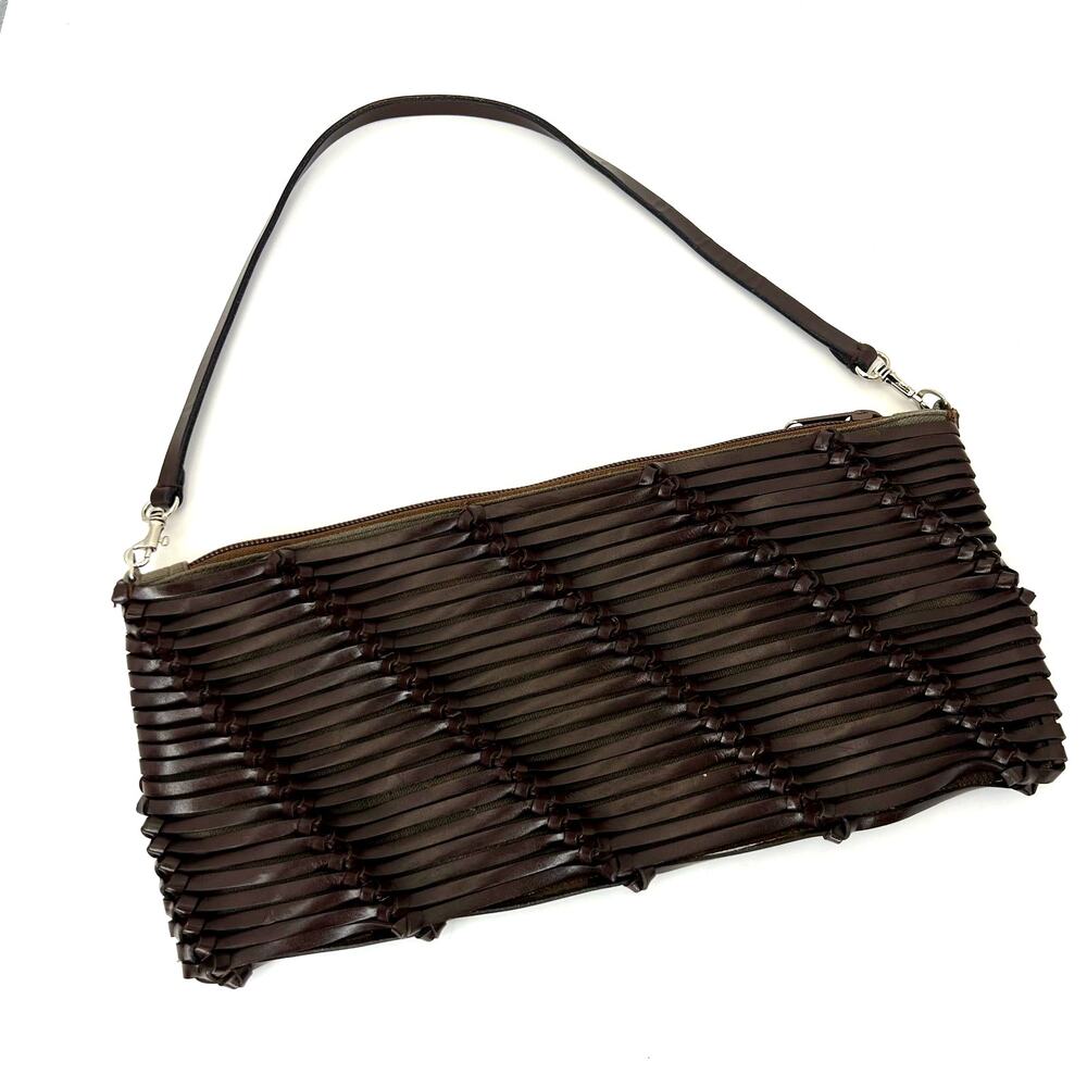 Bcbgmaxazria Brown Woven Faux Leather Shoulder Bag Purse Clutch Vegan Leather